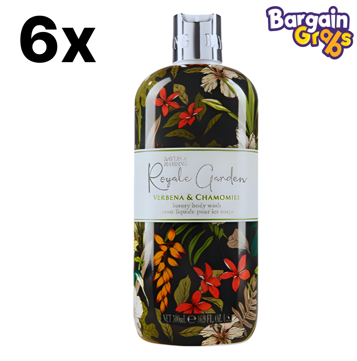 6 x 500ml Baylis & Harding Royale Garden Verbena & Chamomile Body Wash – soothing herbal body cleanser with calming fragrance