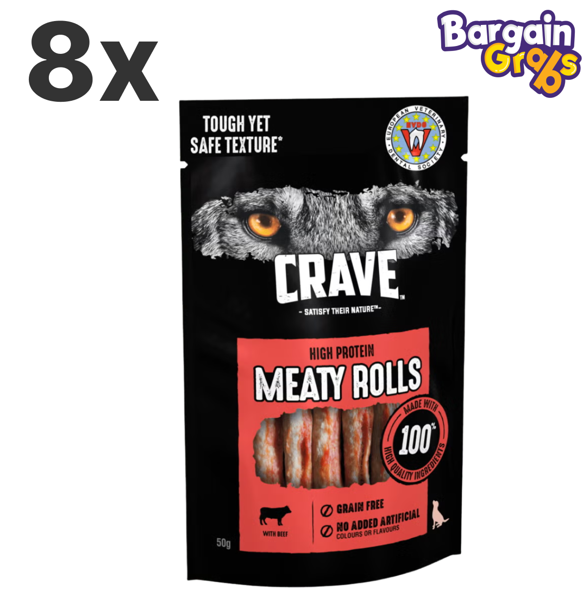 Pack of 8 Crave Meaty Rolls Snacks 50g – high-protein dog treats made with real meat for a satisfying, meaty flavour