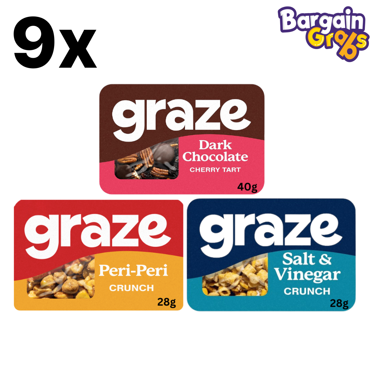 9 Graze snack packs – choose from Dark Chocolate Cherry Tart, Peri-Peri Crunch, or Salt & Vinegar Crunch