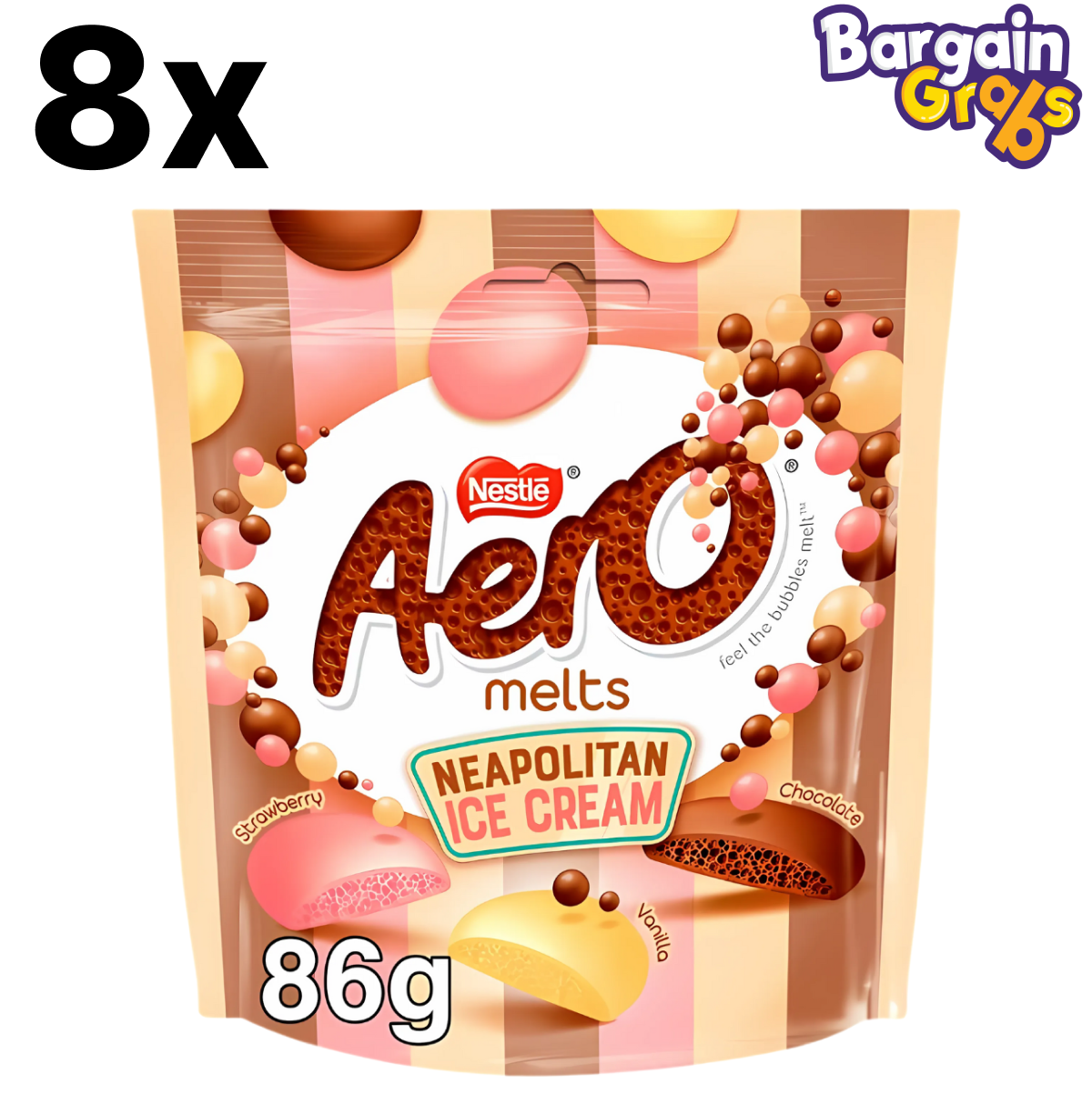 Pack of 8 Aero Melts Neapolitan Chocolate Bags, 86g each with strawberry, vanilla, and milk chocolate flavors