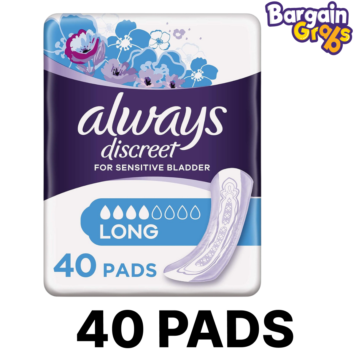 Always Discreet Incontinence Pads for Women, Long length, pack of 40 for secure and comfortable bladder protection