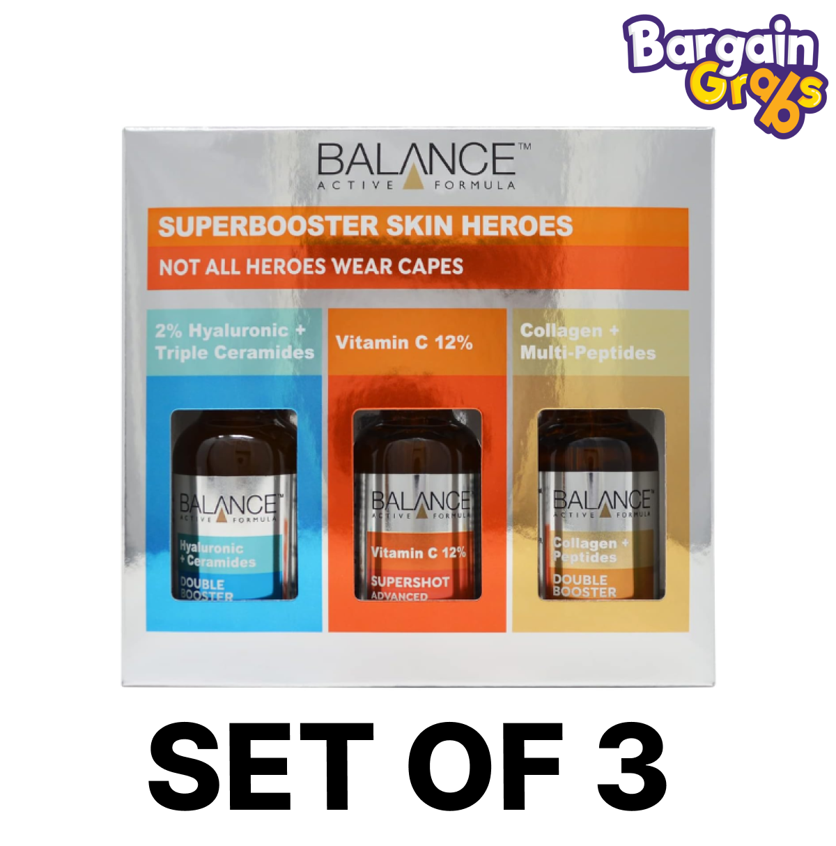 Balance Active Formula Superbooster Skin Heroes Set – includes Hyaluronic Acid, Vitamin C, and Peptides serums for hydrated, bright, and youthful skin