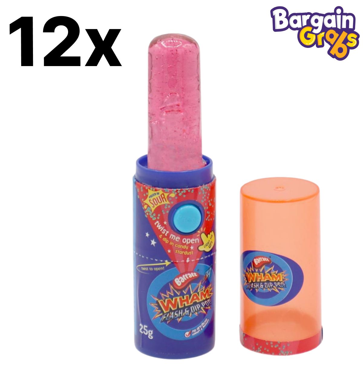 12-pack of Barratt Wham Flash & Dip Pots 25g – fizzy sherbet with lollipop dippers for a fun candy treat