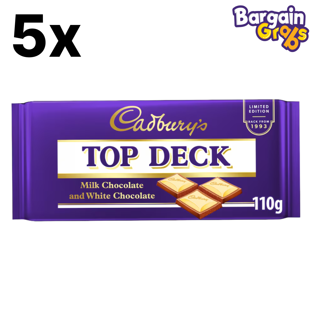 5-pack of 110g Cadbury Top Deck Milk & White Chocolate Bars – layered creamy milk and white chocolate