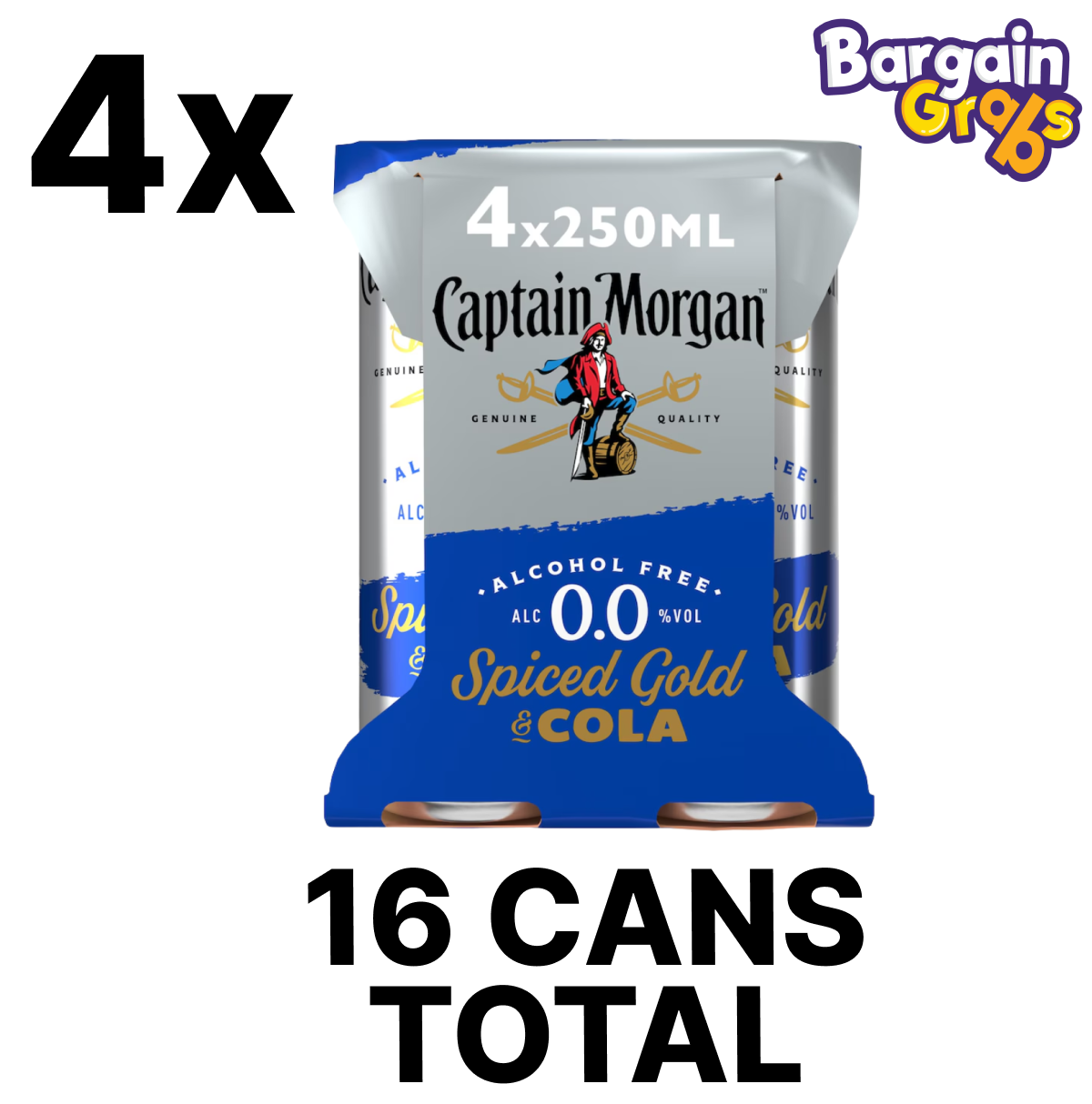 16 cans of Captain Morgan Spiced Gold Alcohol Free & Cola, 250ml each – premixed alcohol-free spiced rum and cola drink