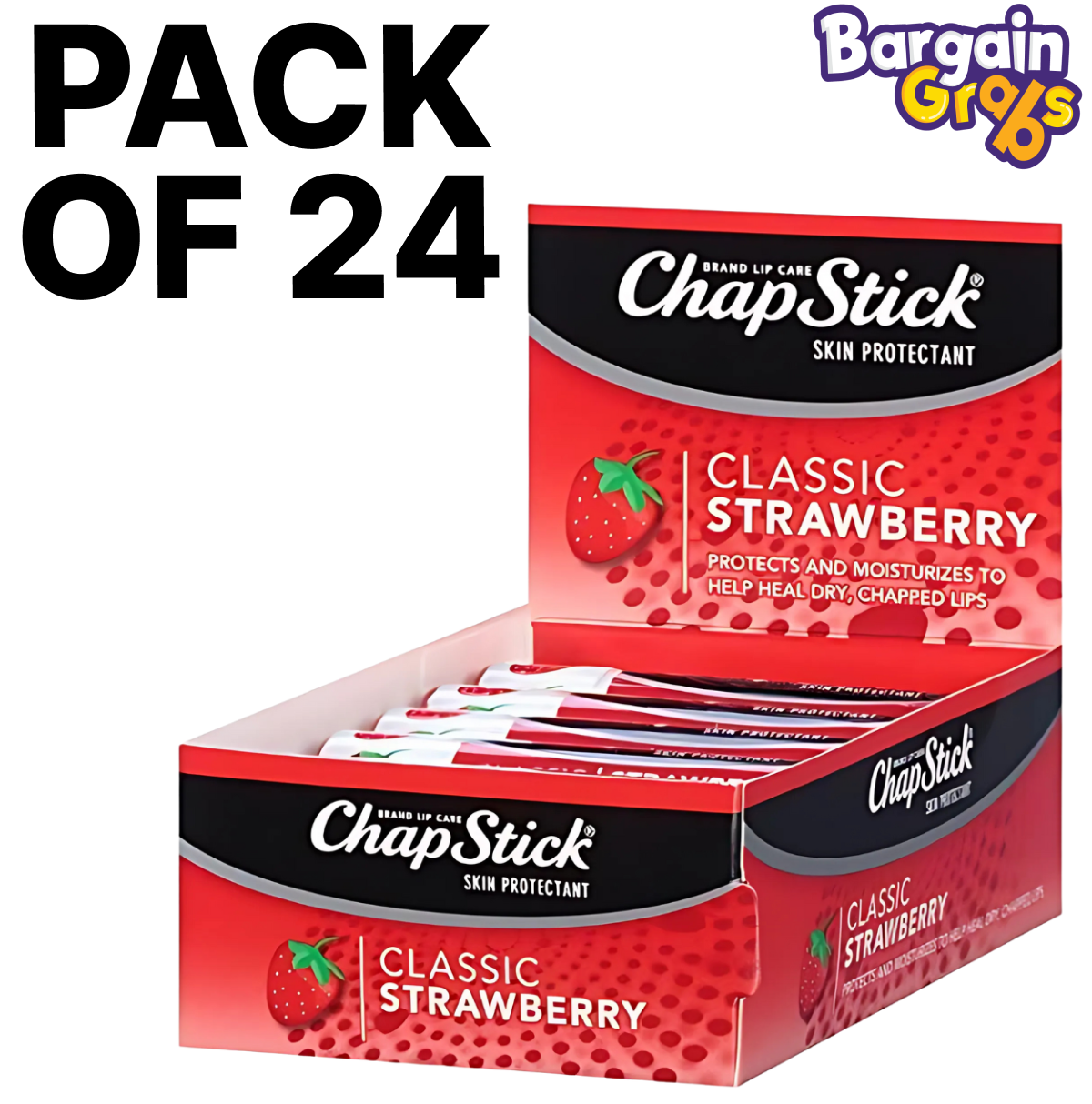 Pack of 24 Chapstick Classic Strawberry Lipbalms with SPF10 for moisturised and sun-protected lips