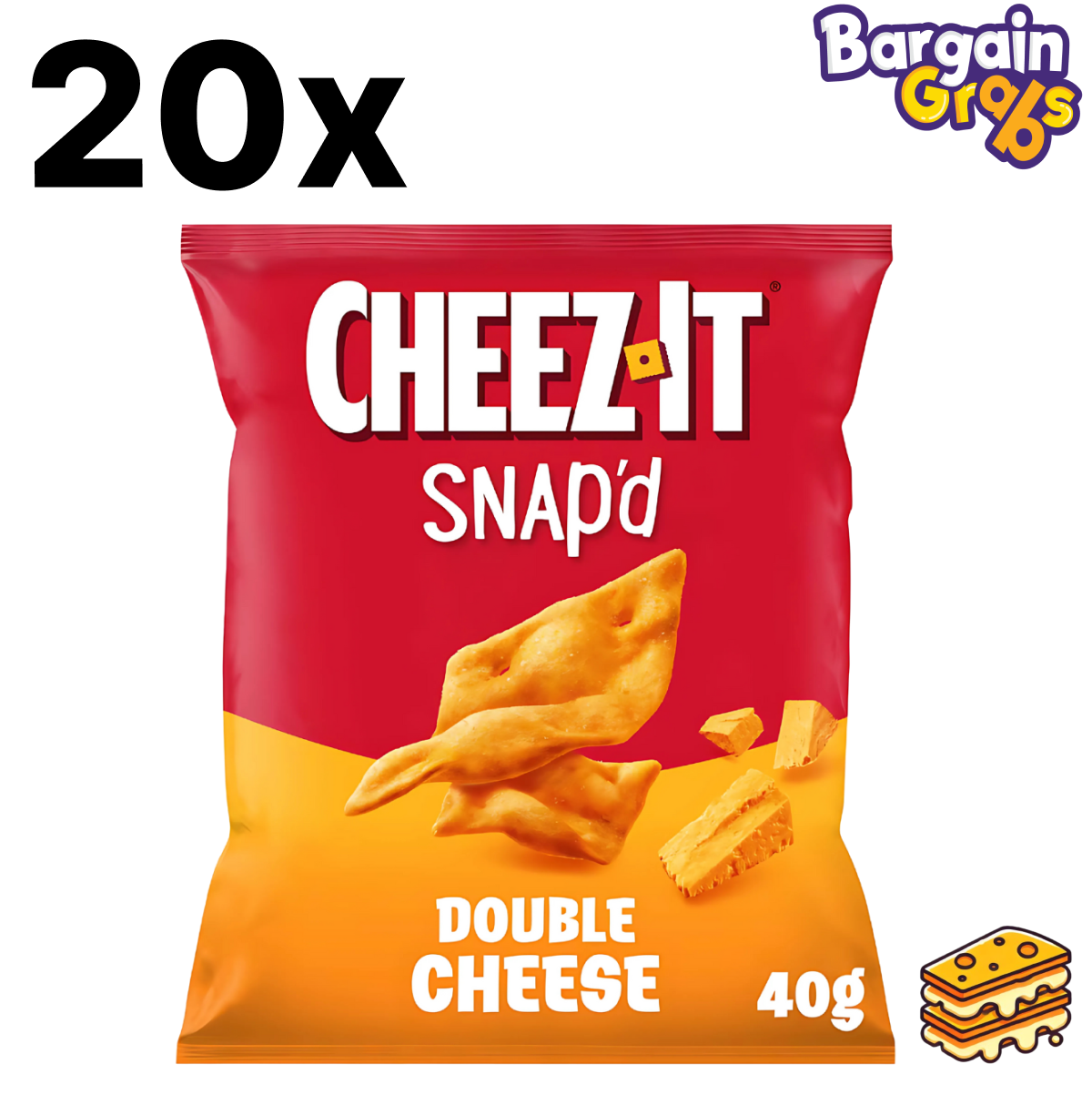 Pack of 20 Cheez-It Snap’d Double Cheese 40g bags – crispy cheesy snack with bold double cheese flavor