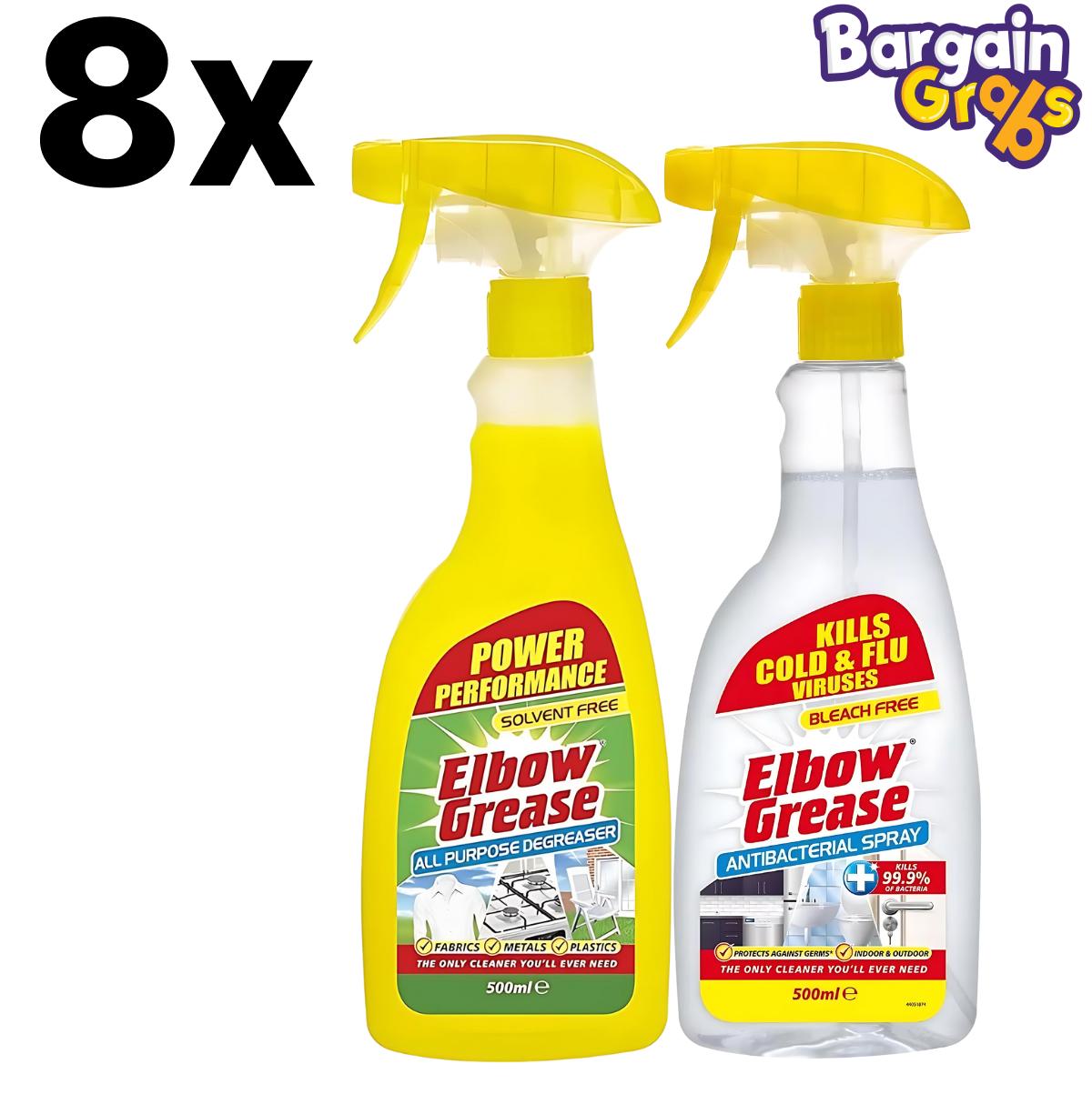 Pack of 8 Elbow Grease 500ml Spray Bottles, includes Degreaser or Antibacterial variants for powerful multi-purpose cleaning