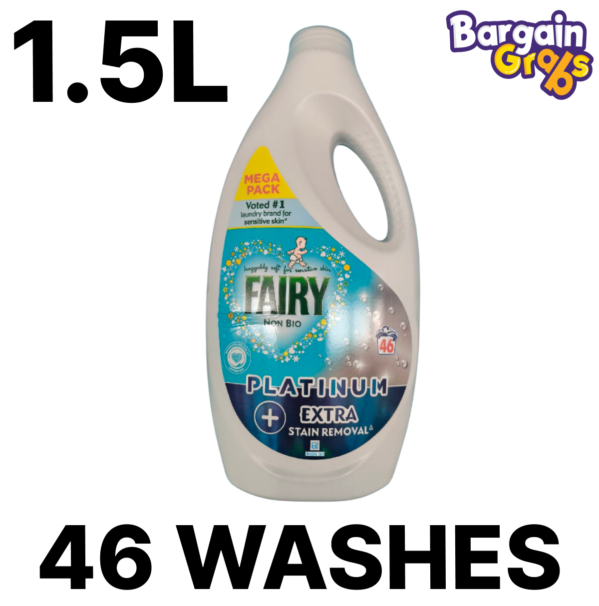 Fairy Platinum Non Bio Liquid Stain Remover 1.5L bottle for 46 washes – gentle and effective laundry detergent