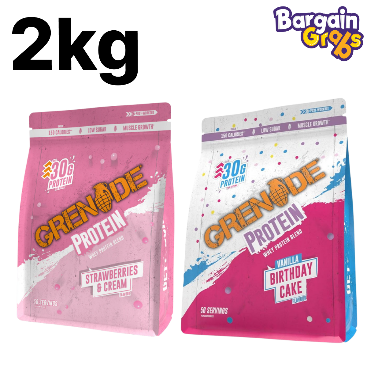 Grenade Protein Powder 2kg – high-protein shake available in Strawberry & Cream or Birthday Cake flavour for muscle support and recovery