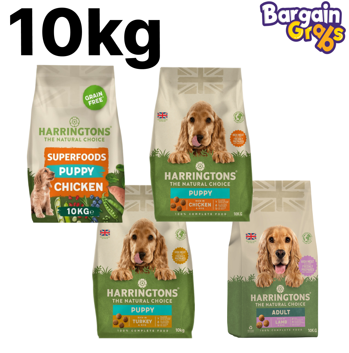 Variety pack of 10kg Harringtons Puppy Dry Dog Food including Superfoods Grain Free Chicken with Veg, Complete Chicken & Rice, Complete Turkey & Rice, and Lamb & Rice – balanced nutrition for growing dogs