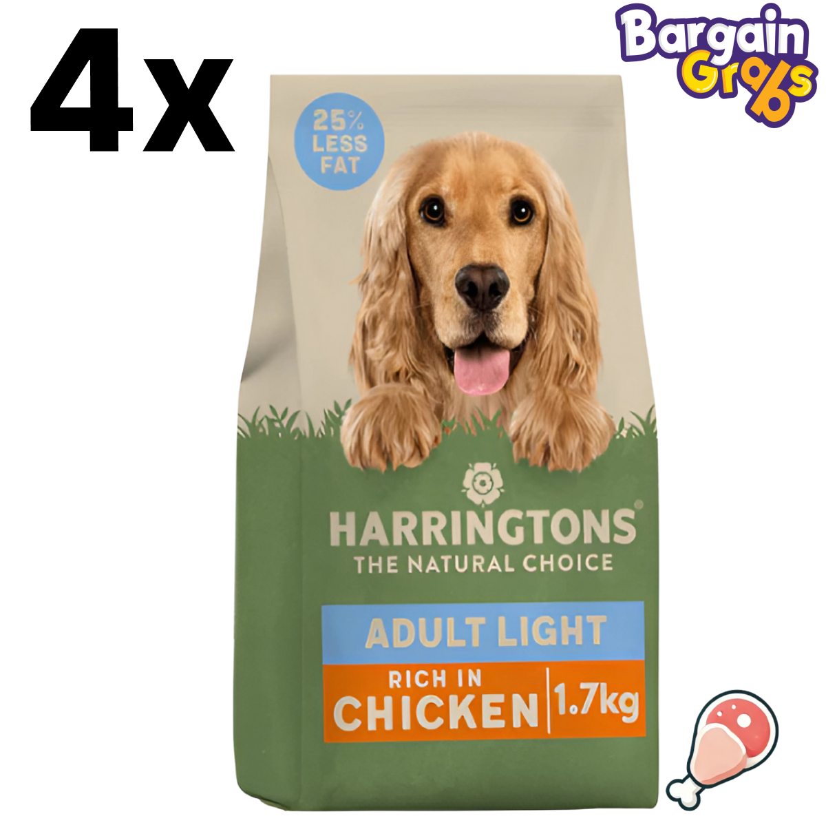 Pack of 4 Harringtons Adult Light Dog Food 1.7kg bags – lower fat chicken recipe for weight management