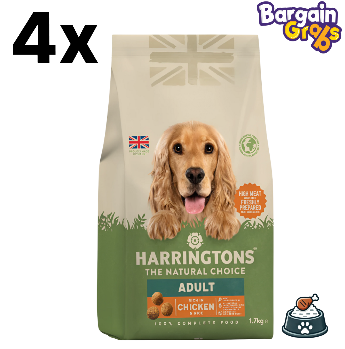 Pack of 4 Harringtons Complete Adult Dog Food 1.7kg bags – chicken and rice recipe for balanced nutrition