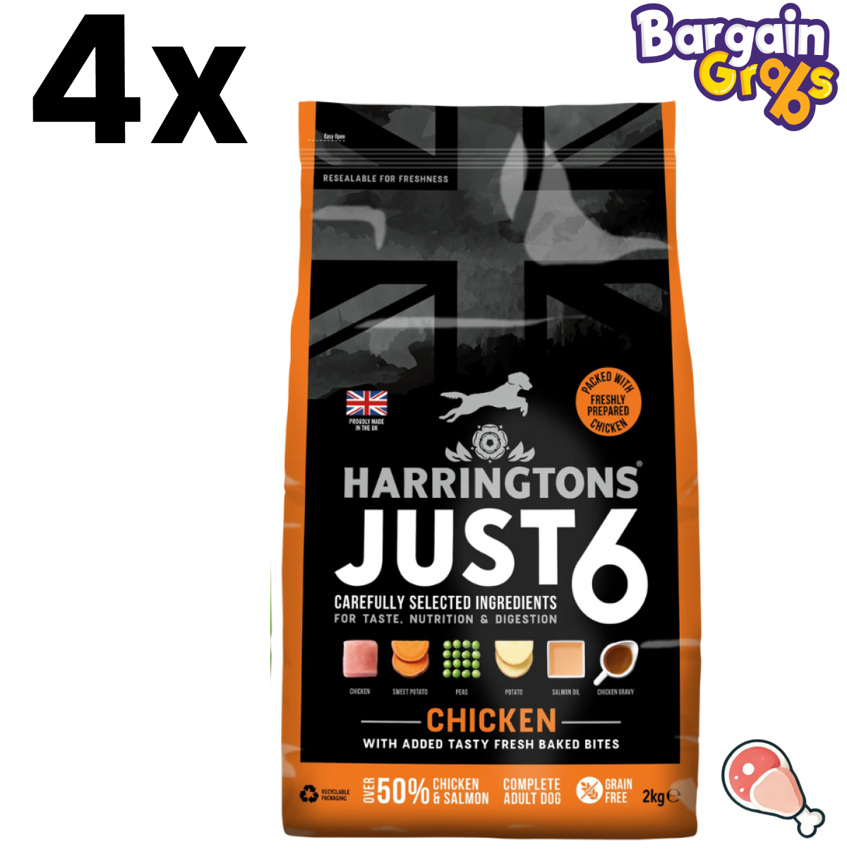 Pack of 4 Harringtons Just 6 Complete Grain Free Hypoallergenic Dry Adult Dog Food, 2kg each with Chicken & Veg for gentle, balanced nutrition and digestive health