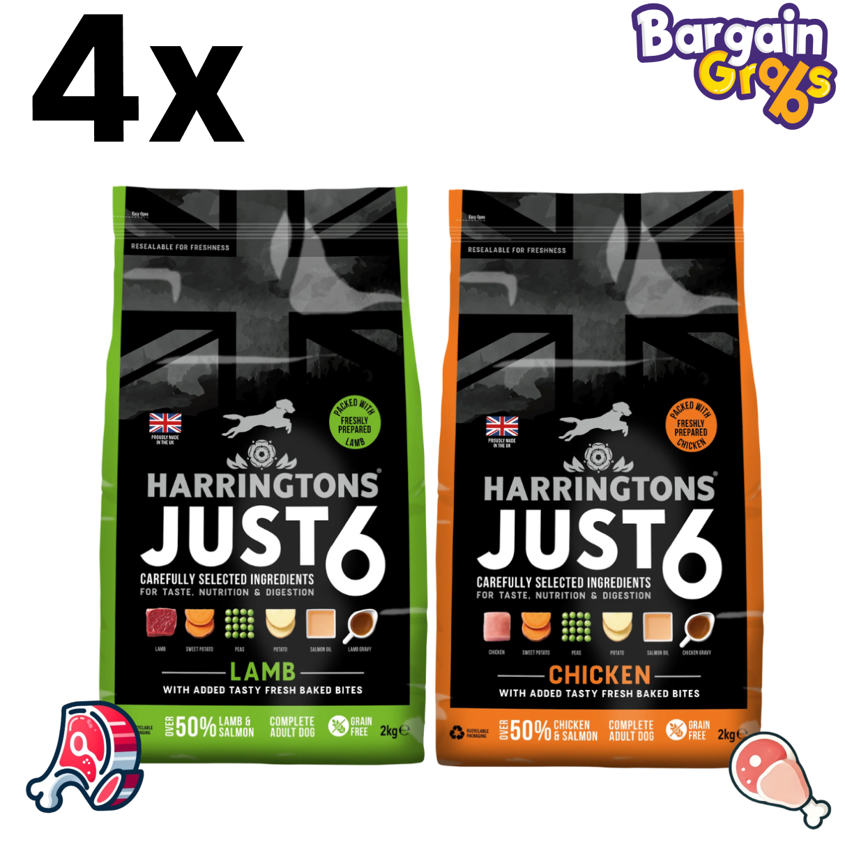 Harringtons Just 6 Complete Grain Free Hypoallergenic Dry Adult Dog Food, 2kg each in Lamb & Veg and Chicken & Veg varieties for simple, balanced nutrition