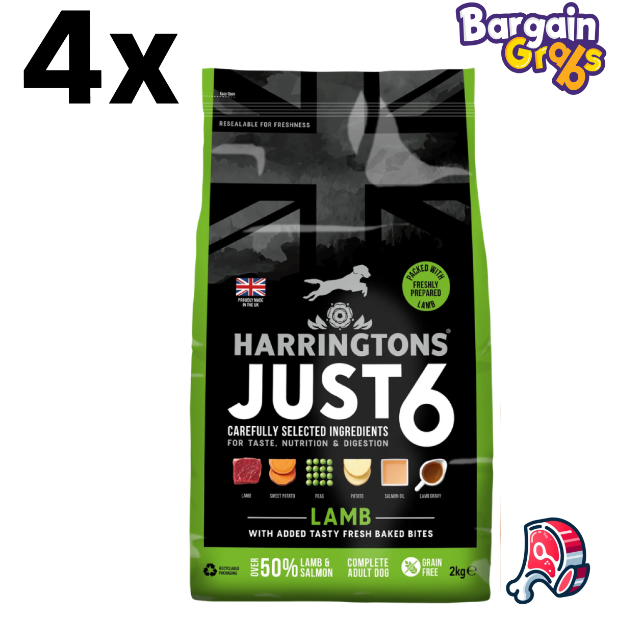 Pack of 4 Harringtons Just 6 Complete Grain Free Hypoallergenic Dry Adult Dog Food, 2kg each with Lamb & Veg for simplified, balanced nutrition and sensitive digestion