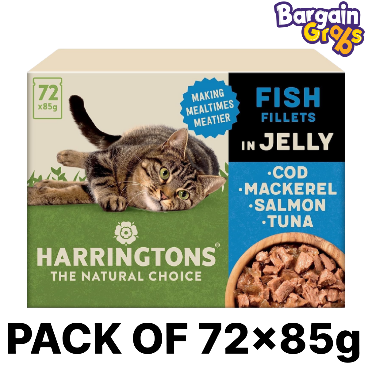 Pack of 72 Harringtons Wet Cat Food Pouches, 85g each with a mixed fish selection of Cod, Mackerel, Salmon, and Tuna for healthy feline nutrition