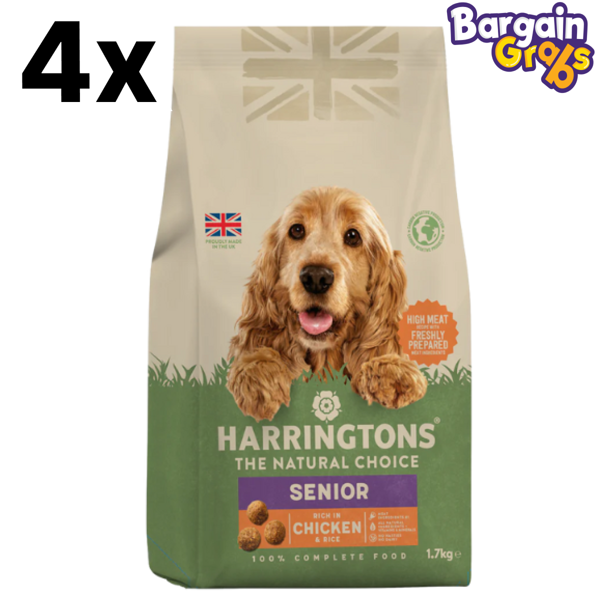 Pack of 4 Harringtons Senior Complete Dry Dog Food Chicken & Rice, 1.7kg each for older dogs' balanced and gentle nutrition