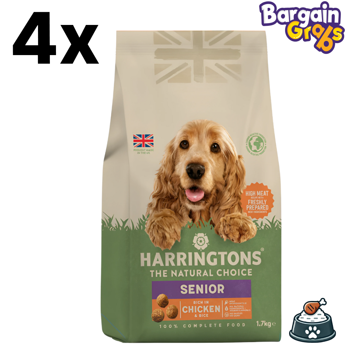 Pack of 4 Harringtons Senior Dog Food with Chicken and Rice, 1.7kg bags for older dogs