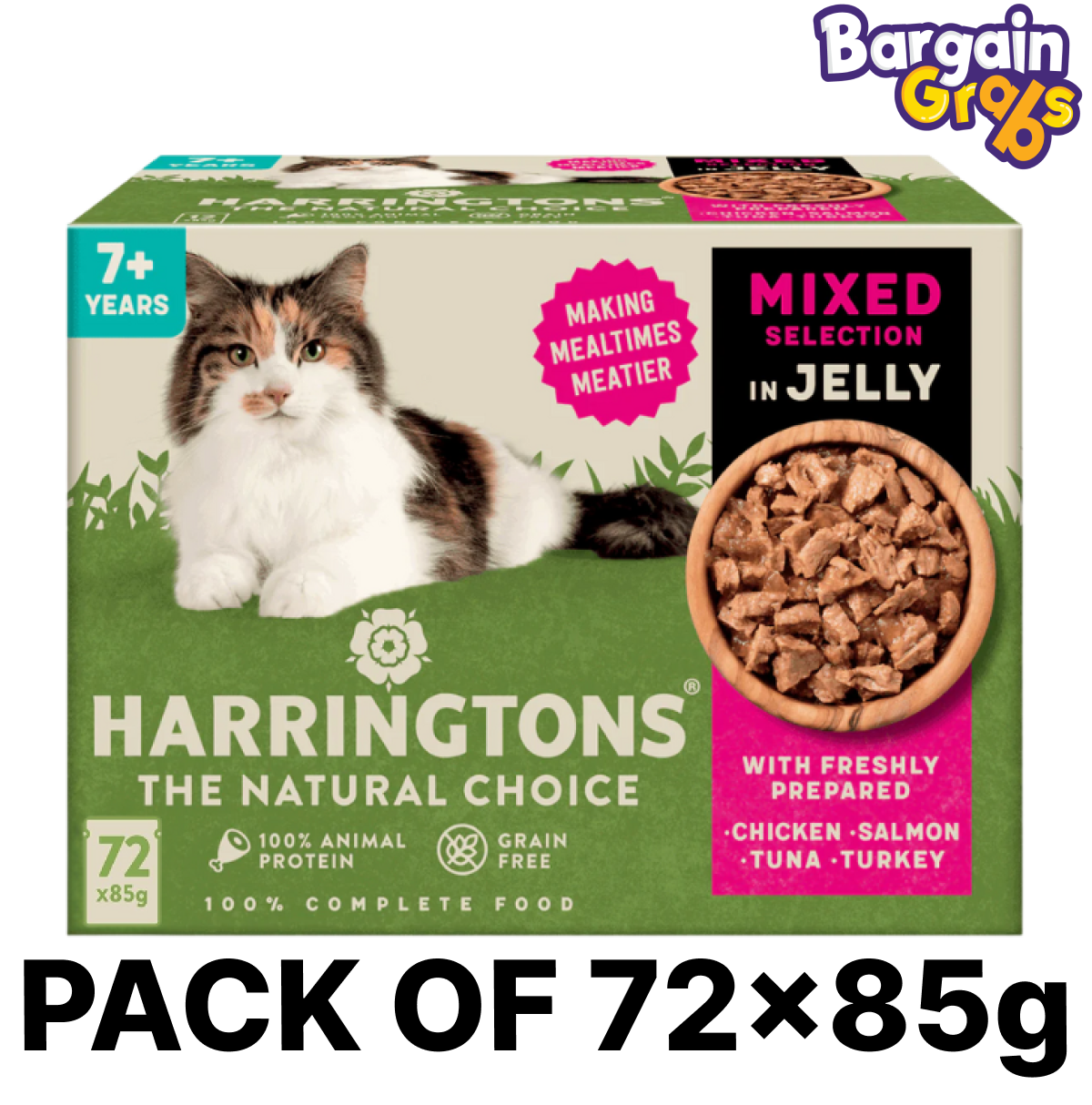 Pack of 72 Harringtons Complete Wet Pouch Senior Cat Food in Jelly, 85g each with mixed flavours including Chicken, Salmon, Tuna, and Turkey for older cats