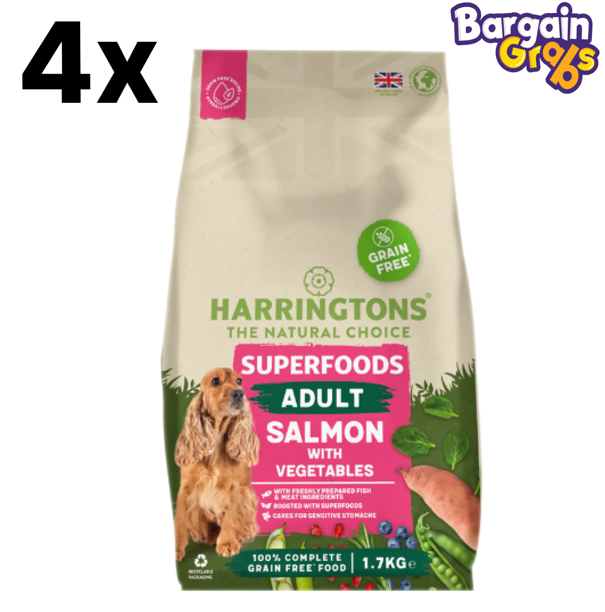 Pack of 4 Harringtons Superfoods Complete Grain Free Hypoallergenic Dry Adult Dog Food, Salmon with Veg, 1.7kg each for sensitive digestion and optimal health