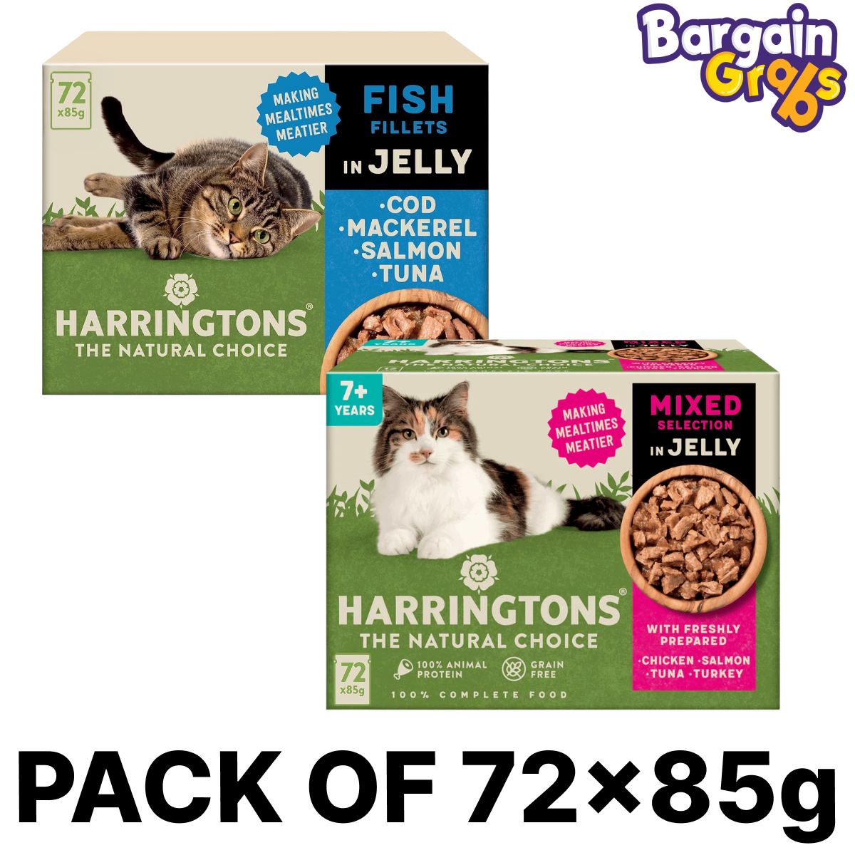 72 x 85g Harringtons Mixed Fish Cat Food (Cod, Mackerel, Salmon & Tuna) and 72 x 85g Harringtons Senior Wet Cat Food in Jelly (Chicken, Salmon, Tuna & Turkey) for a balanced feline diet