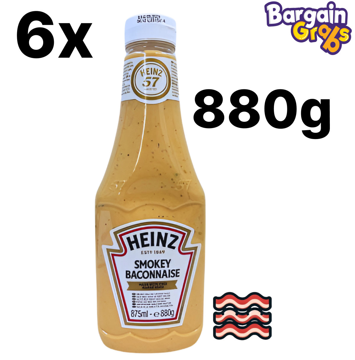 Pack of 6 Heinz Smokey Baconnaise Sauce bottles 880g each – rich smoky bacon flavour spread and dip