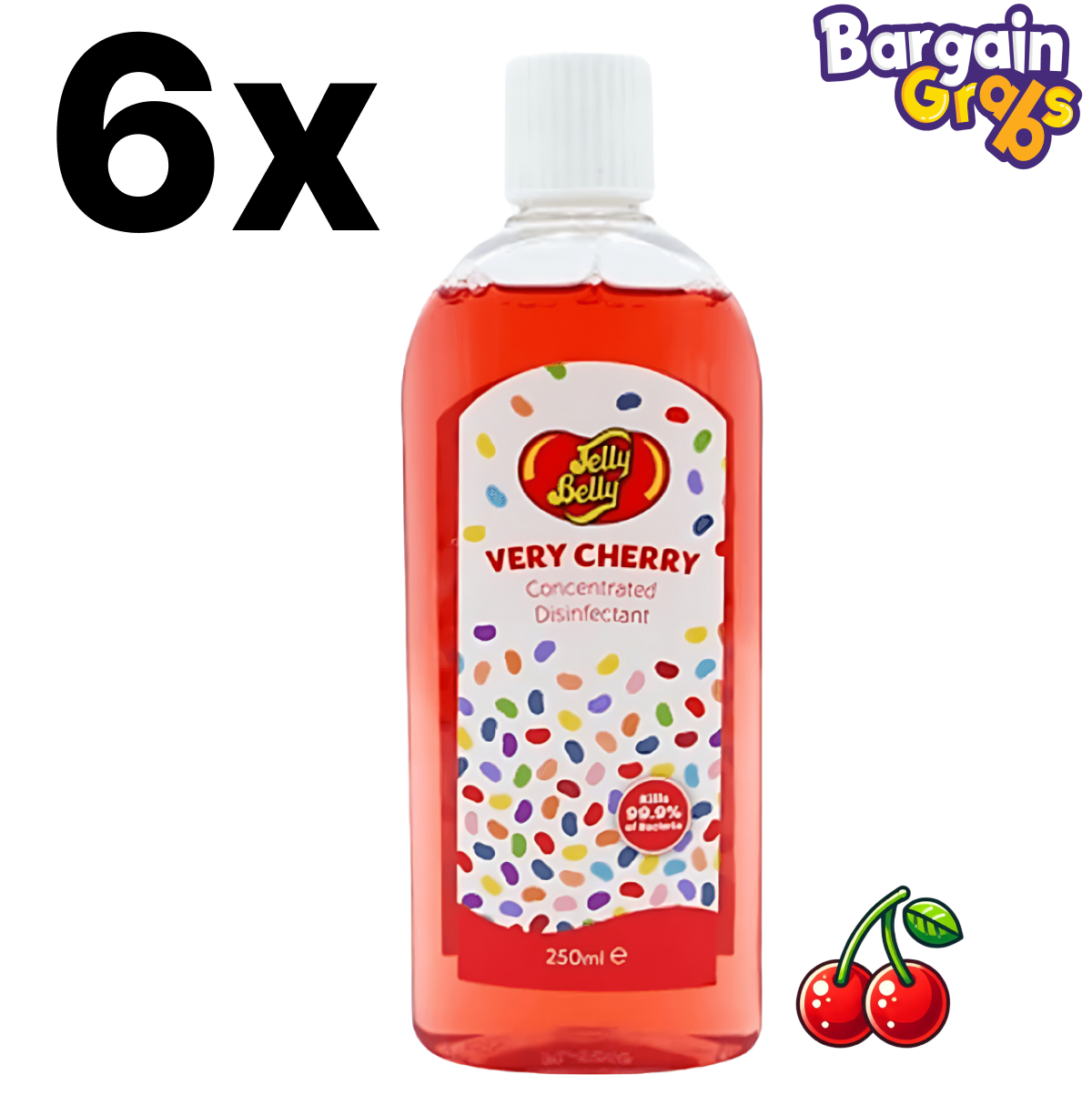 Pack of 6 Jelly Belly Very Cherry Concentrated Disinfectant Bottles, 250ml each with a sweet cherry fragrance