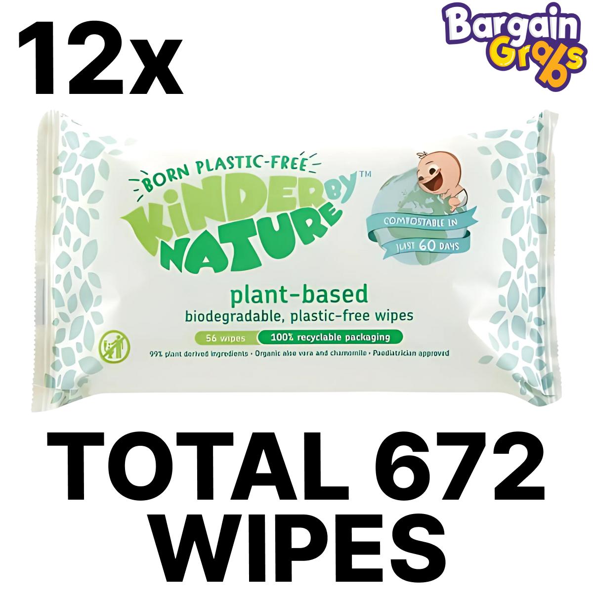 Kinder by Nature Plant Baby Wipes – pack of 12 x 56 wipes (672 total), gentle and eco-friendly for sensitive baby skin