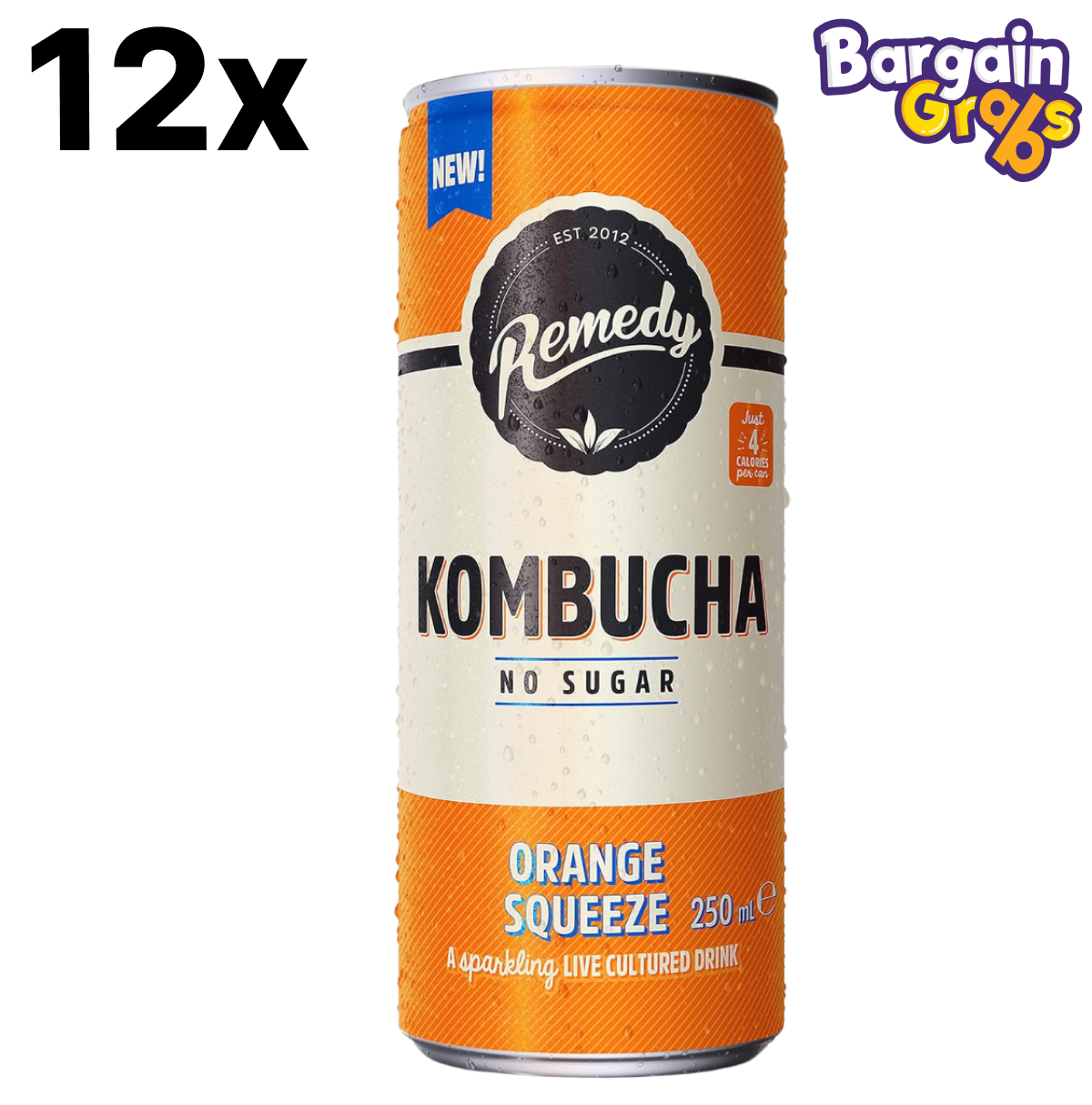 12 pack of 250ml Kombucha Orange Squeeze cans – fizzy fermented tea with citrus flavor and probiotics