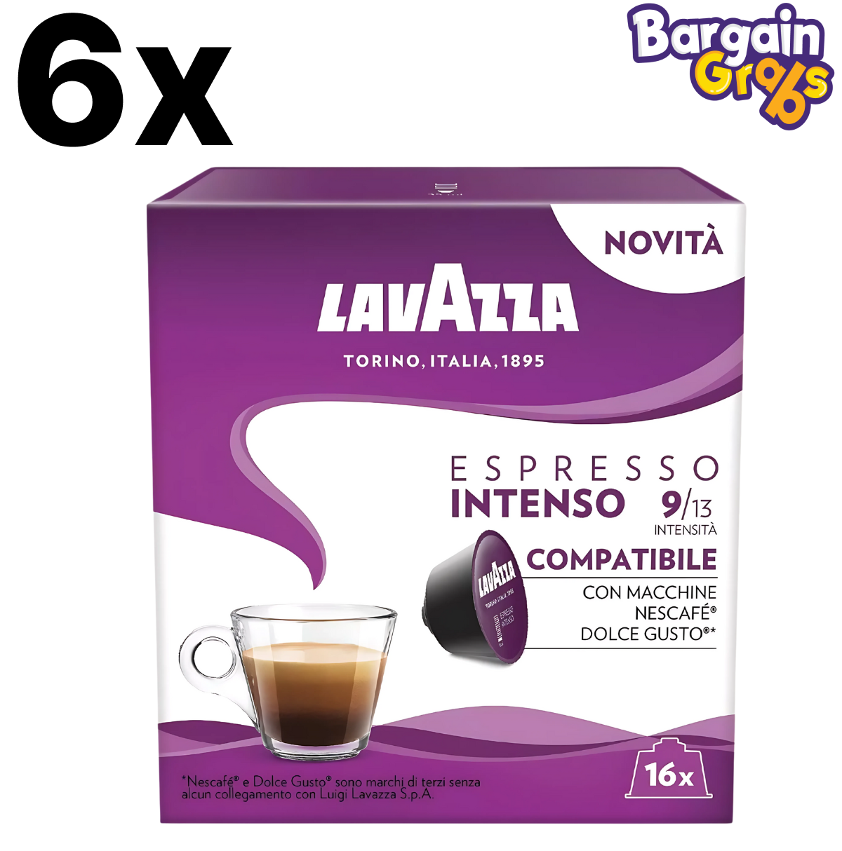 6 packs of Lavazza Intenso Coffee Pods, Dolce Gusto compatible with 16 capsules per pack, total of 96 rich and bold coffee pods