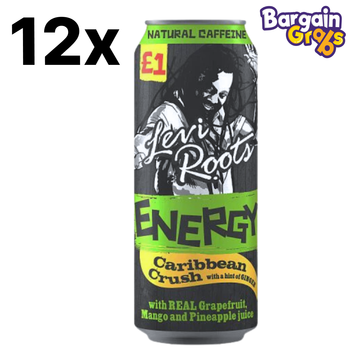 Pack of 12 x 500ml Levi Roots Caribbean Crush Energy Drinks – tropical flavoured energy beverage