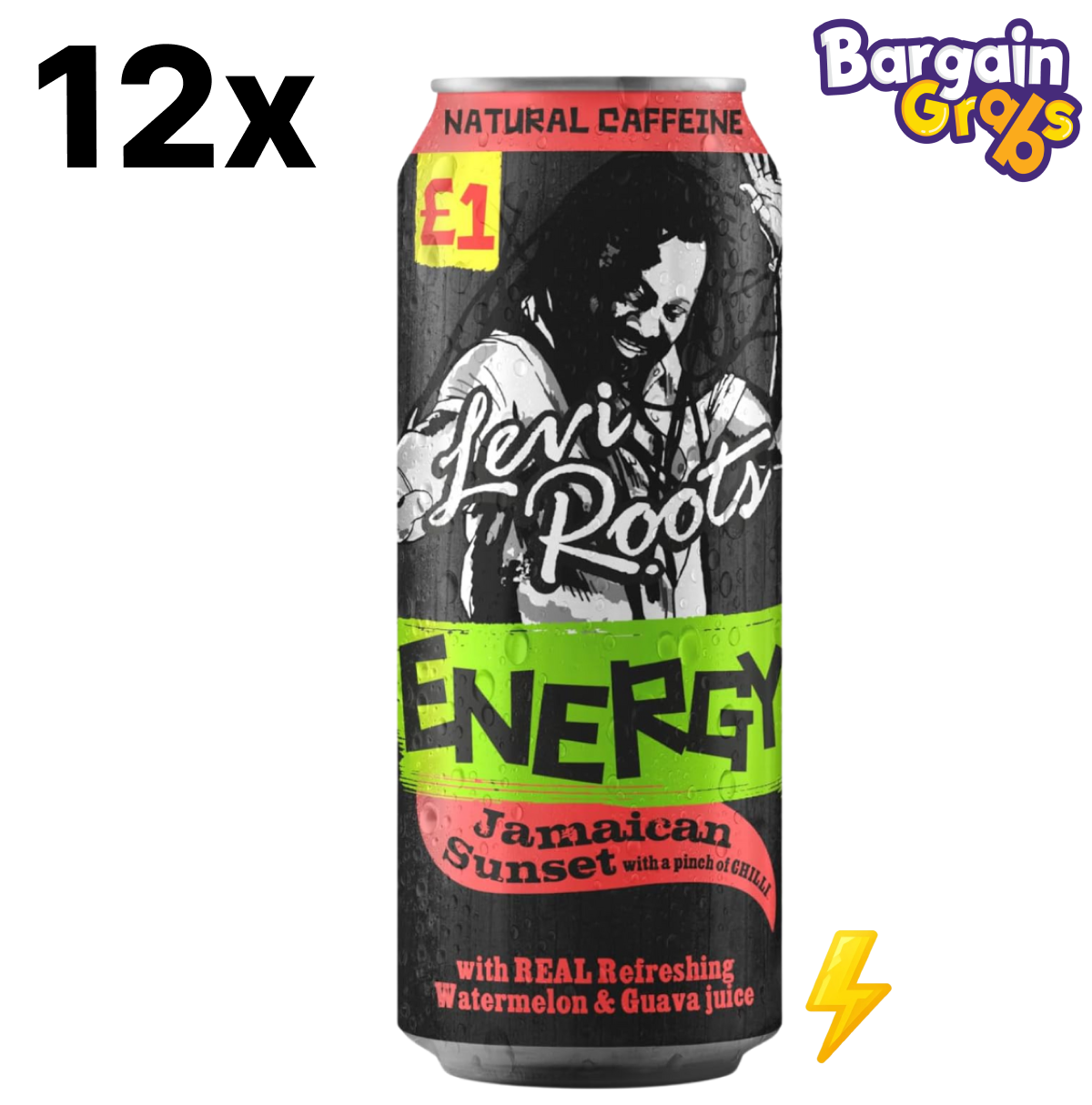 12 pack of 500ml Levi Roots Energy Drink cans – tropical flavour energy boost with Caribbean vibes