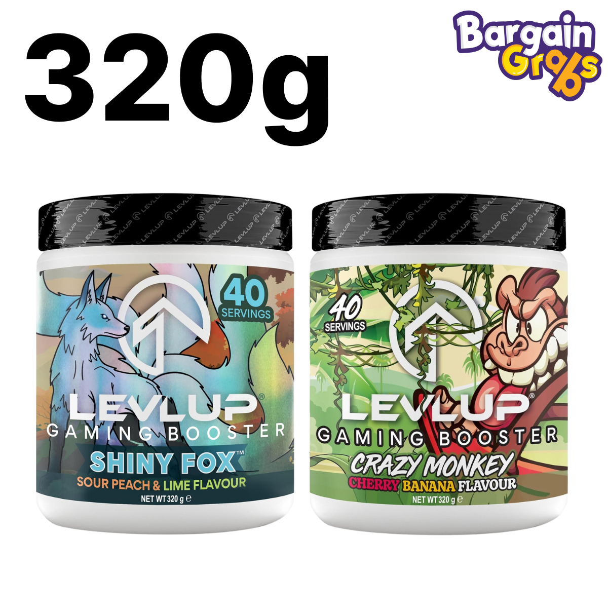 LevlUp Gaming Booster 320g – available in Shiny Fox or Crazy Monkey flavours, energy formula designed to enhance focus and performance for gamers