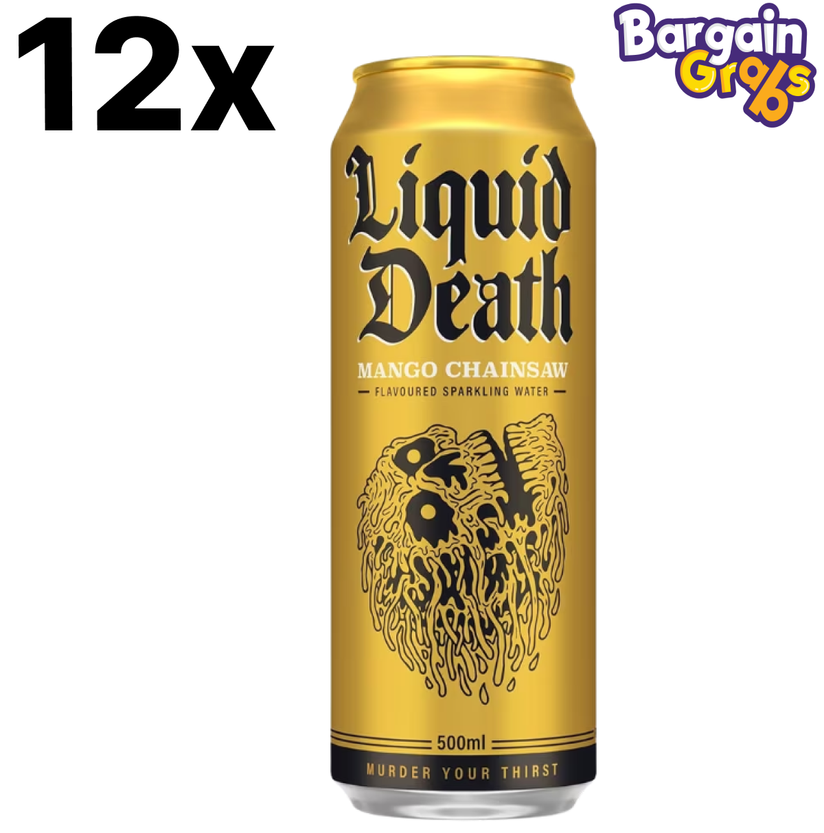 12 pack of Liquid Death Mango Sparkling Water Cans, 500ml each – fruit-flavored fizzy water with bold mango taste