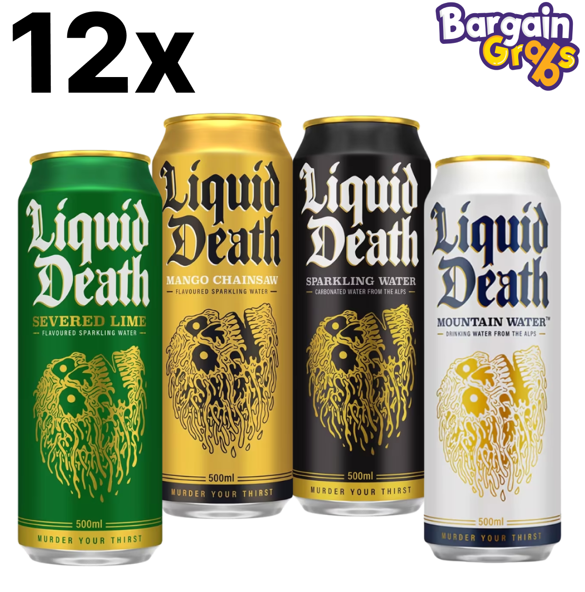 12 pack of Liquid Death 500ml Water Cans in assorted flavours – Still, Sparkling, Mango, and Lime