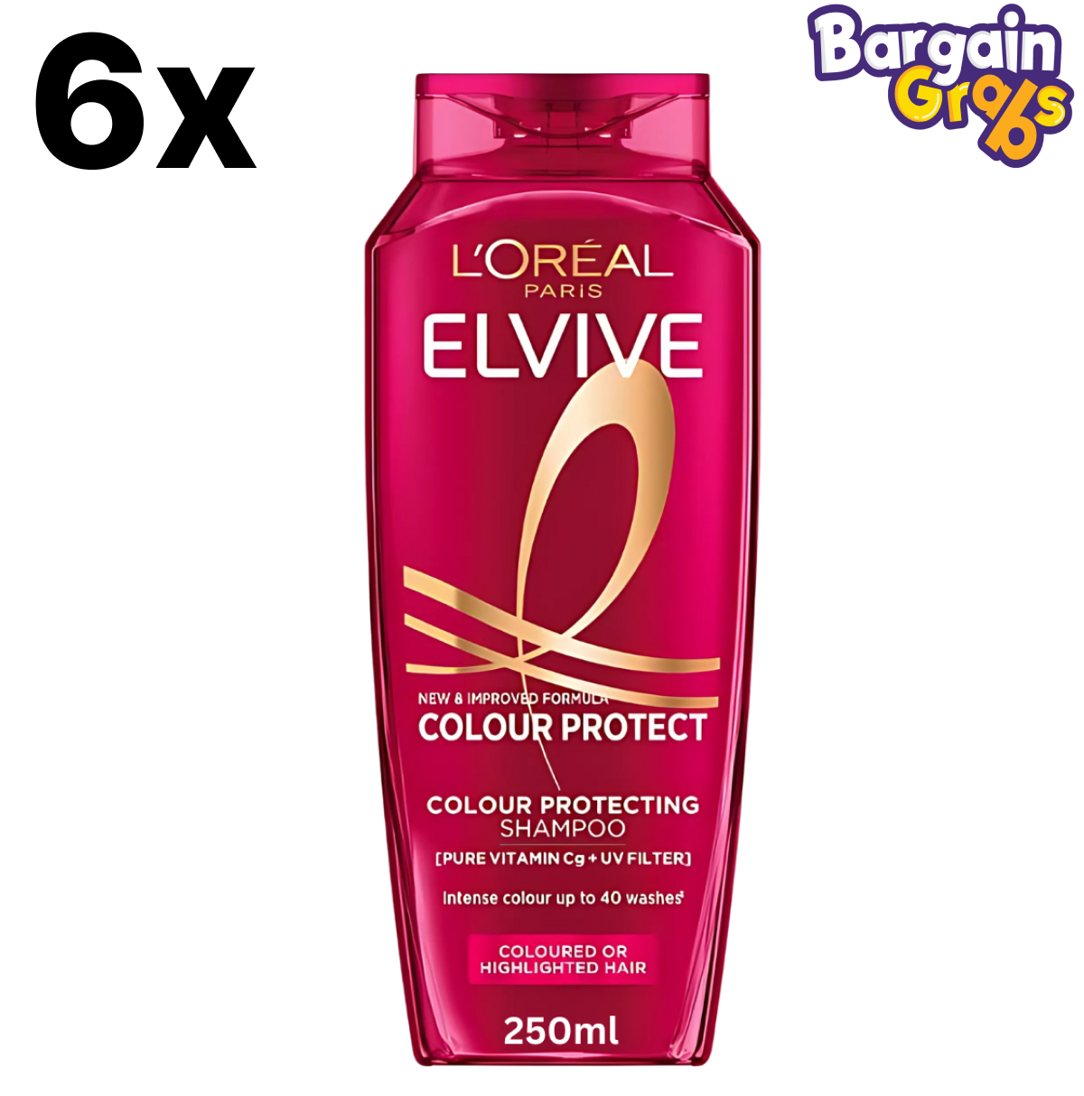 Pack of 6 L'Oréal Elvive Colour Protect Shampoos, 250ml each for vibrant and long-lasting coloured hair care