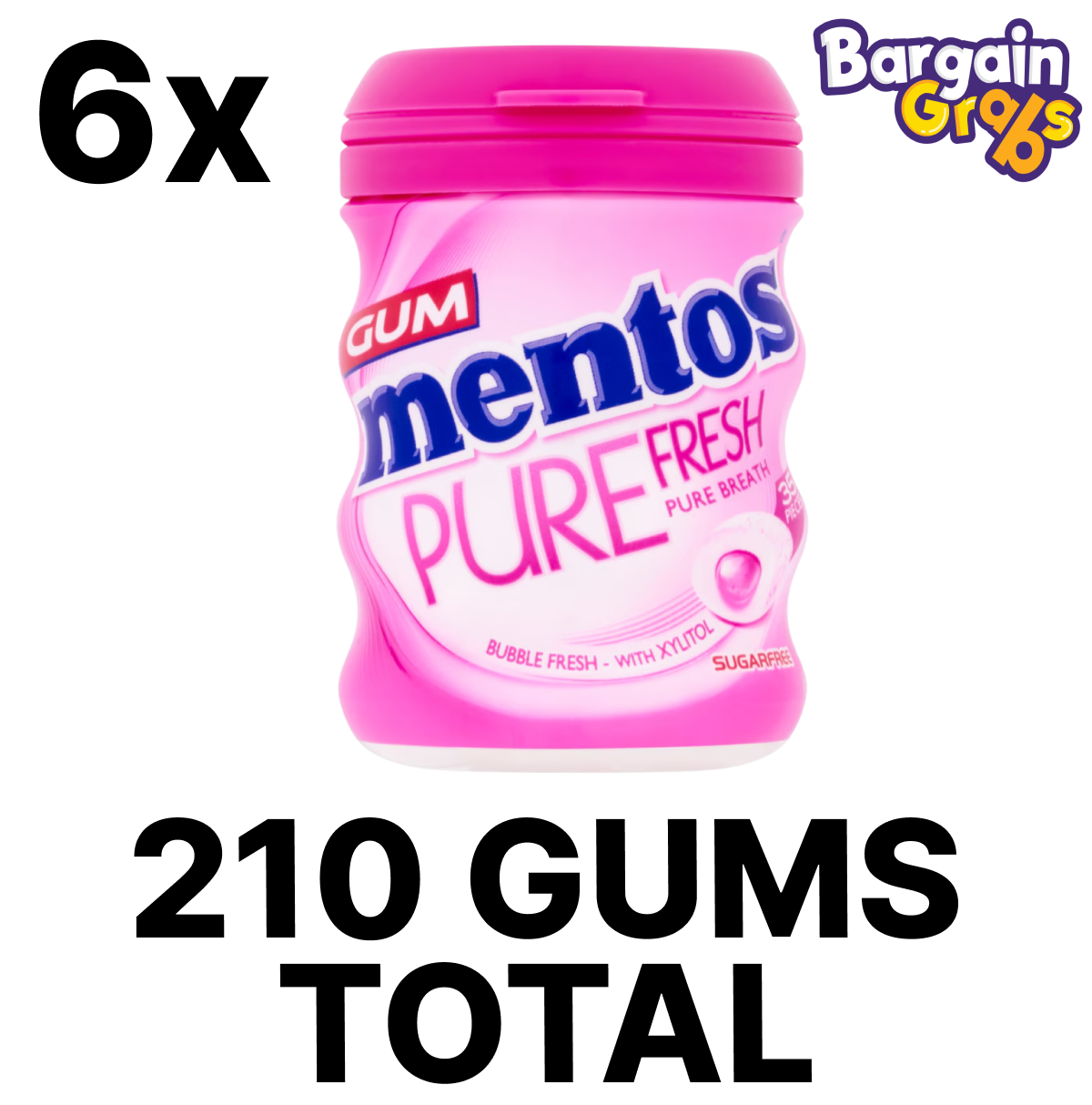 6 pack of 70g Mentos Gum Pure Fresh Bubble Fresh bottles – 35 pieces each of sugar-free chewing gum with long-lasting bubblegum flavour
