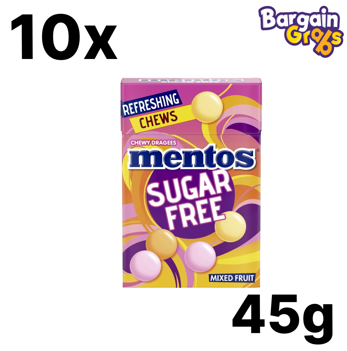 10 pack of 45g Mentos Sugar Free Mixed Fruit Chews – assorted fruity sugar-free candy in handy rolls