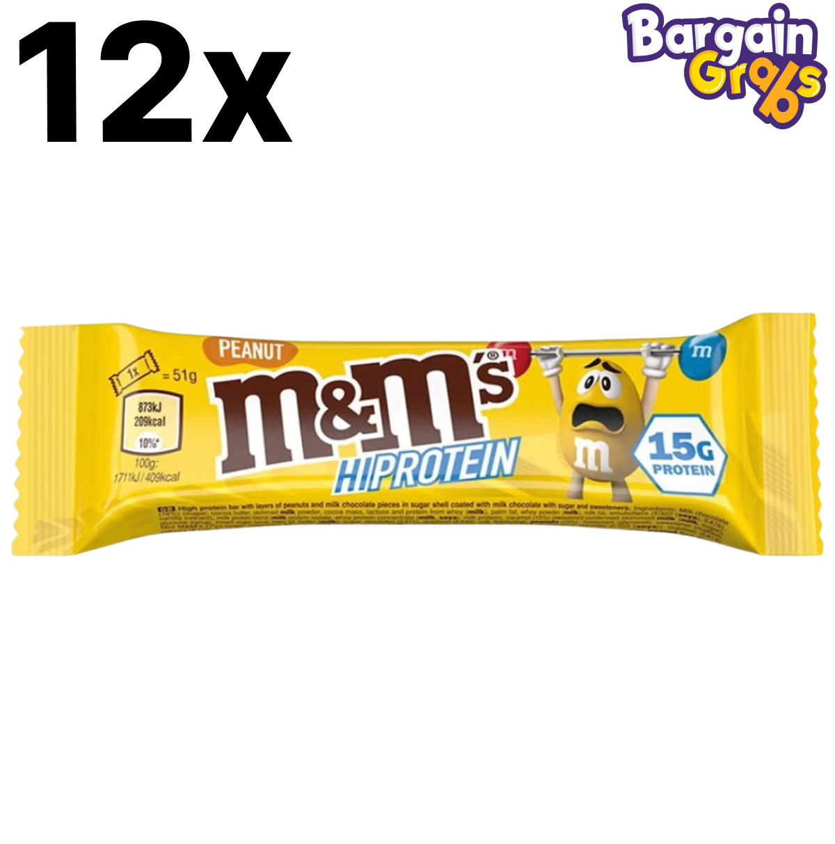 12 pack of M&M's Peanut Protein Bars, 51g each – high protein snack bar with crunchy peanuts and chocolate