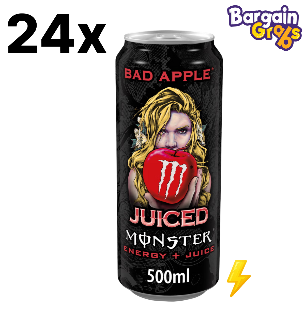 24 pack of 500ml Monster Juiced Bad Apple energy drink – fruity flavour with energising boost