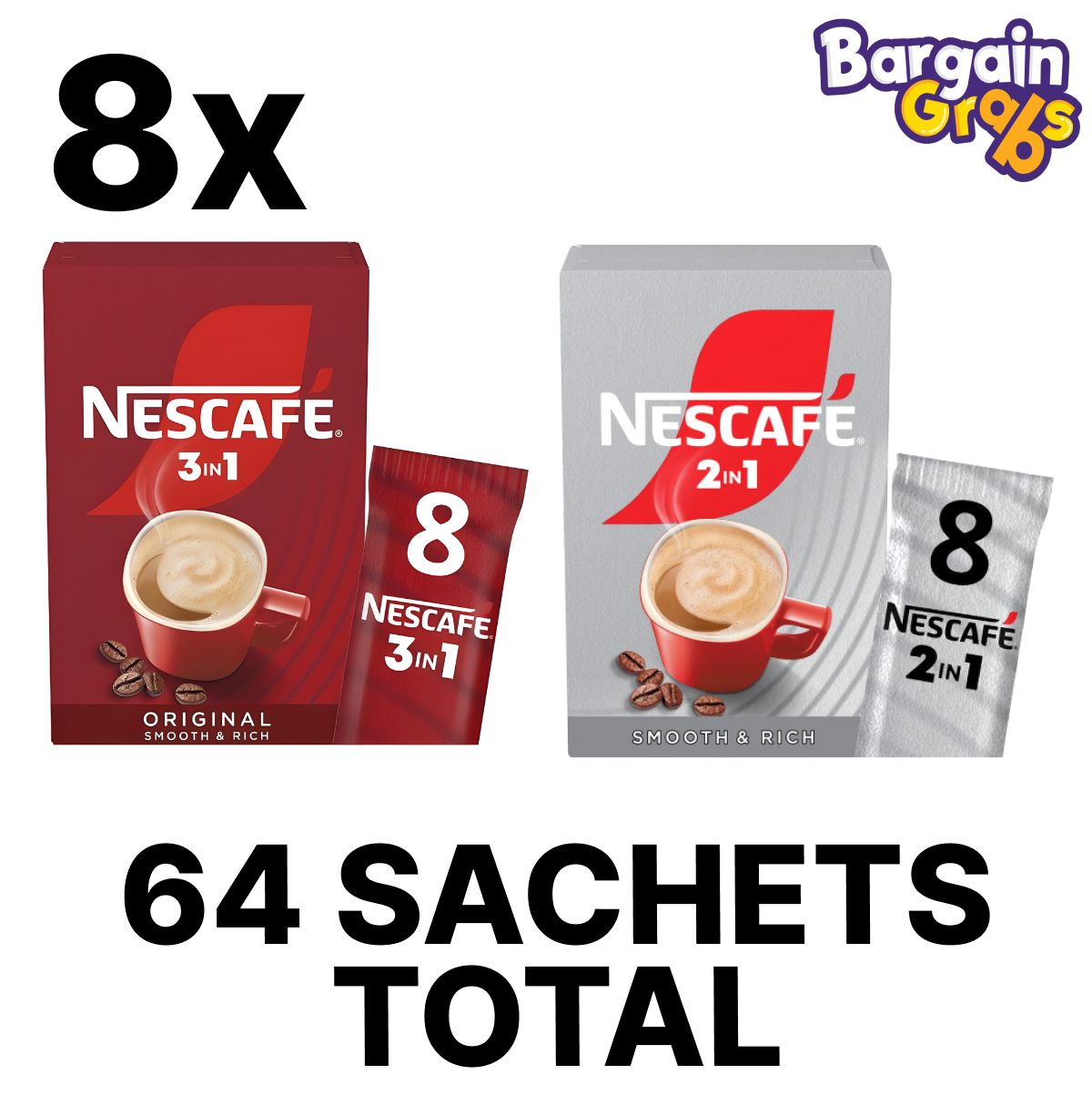 NESCAFÉ instant coffee sachets bundle – 64 x 16g 3in1 Original and 64 x 9g 2in1 Original single-serve coffee mixes