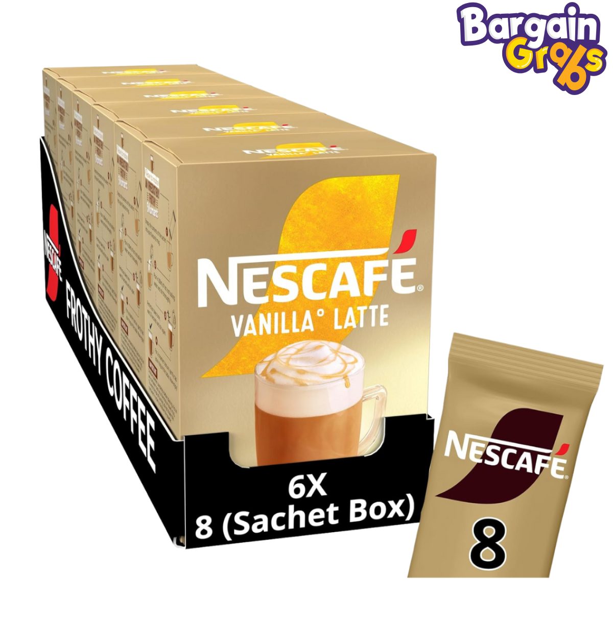 6 packs of NESCAFÉ Vanilla Latte Instant Coffee, each with 8 x 18.5g sachets, total of 48 creamy and smooth coffee servings