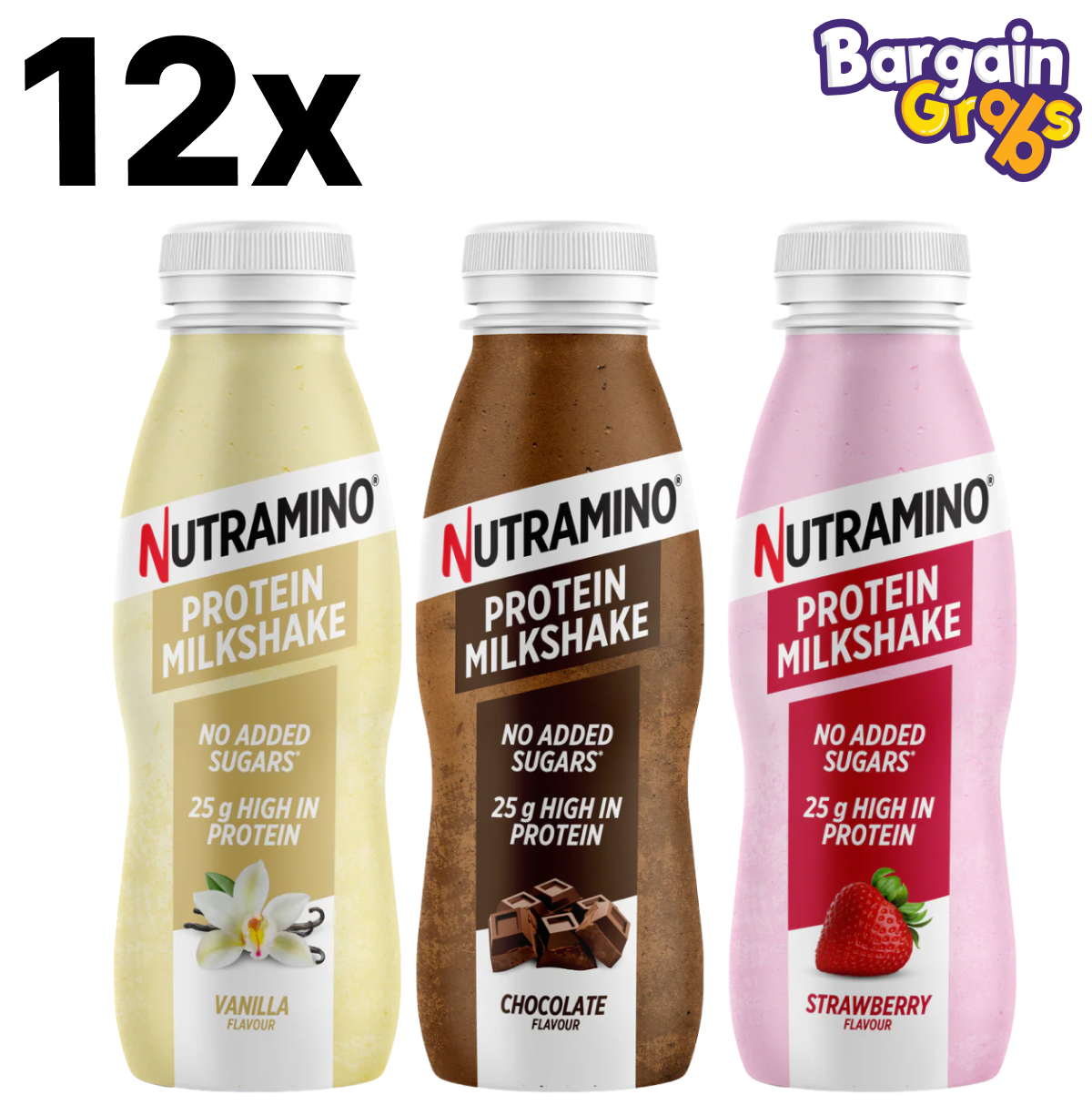 Nutramino Protein Milkshake Mixed Pack – Strawberry, Chocolate & Vanilla – 12 x 330ml High Protein Shakes