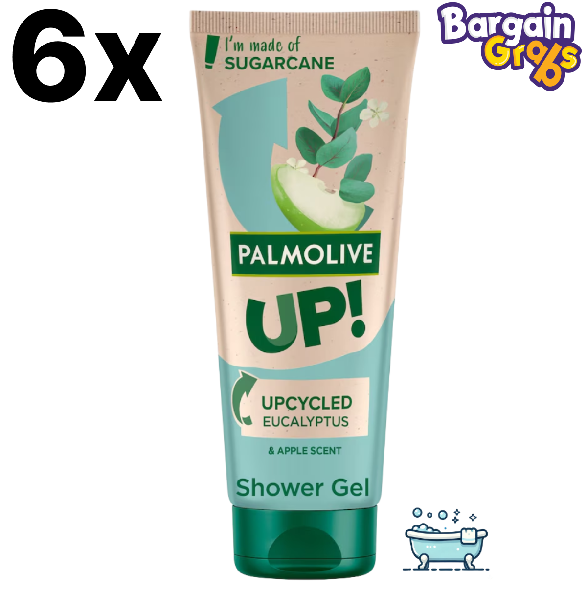 Pack of 6 Palmolive Up Body Wash Bottles, 200ml each with invigorating eucalyptus scent for a refreshing shower experience