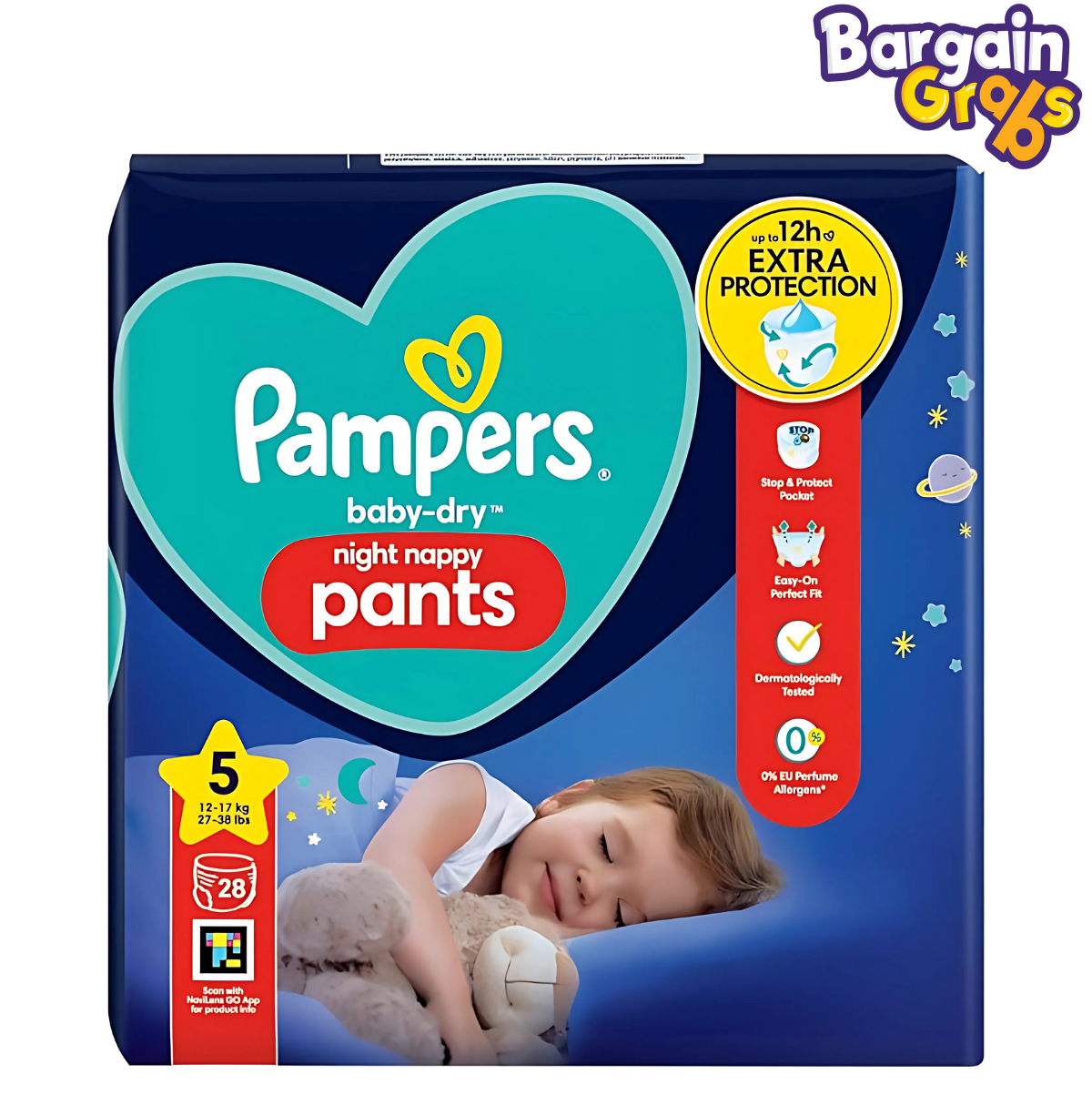 Pampers Baby-Dry Night Nappy Pants, Size 5 for 12kg–17kg toddlers, 28 night nappies for overnight dryness and comfort