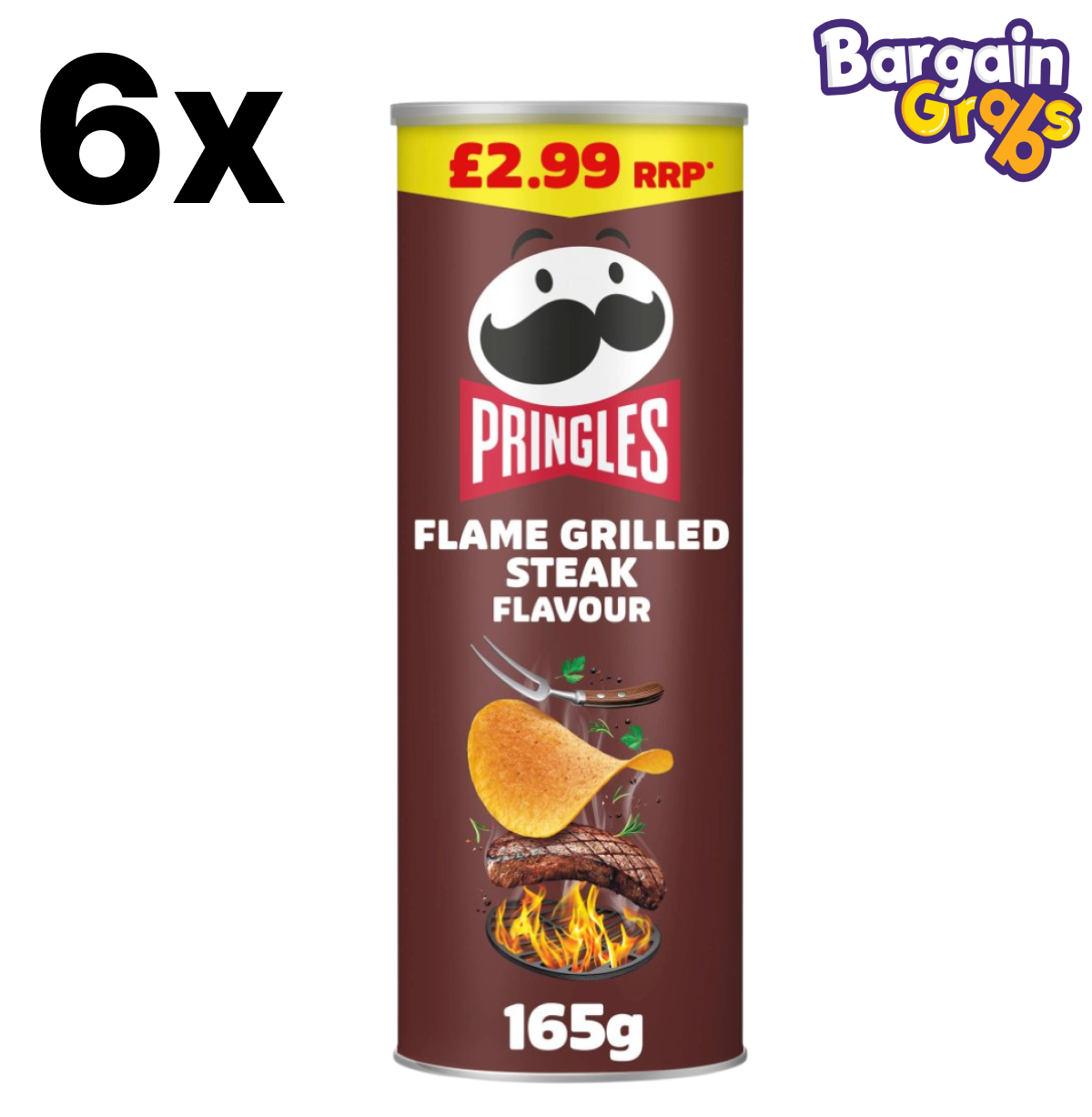Pringles Flame Grilled Steak Crisps 6 x 165g – Bold Meaty Flavour Potato Chips