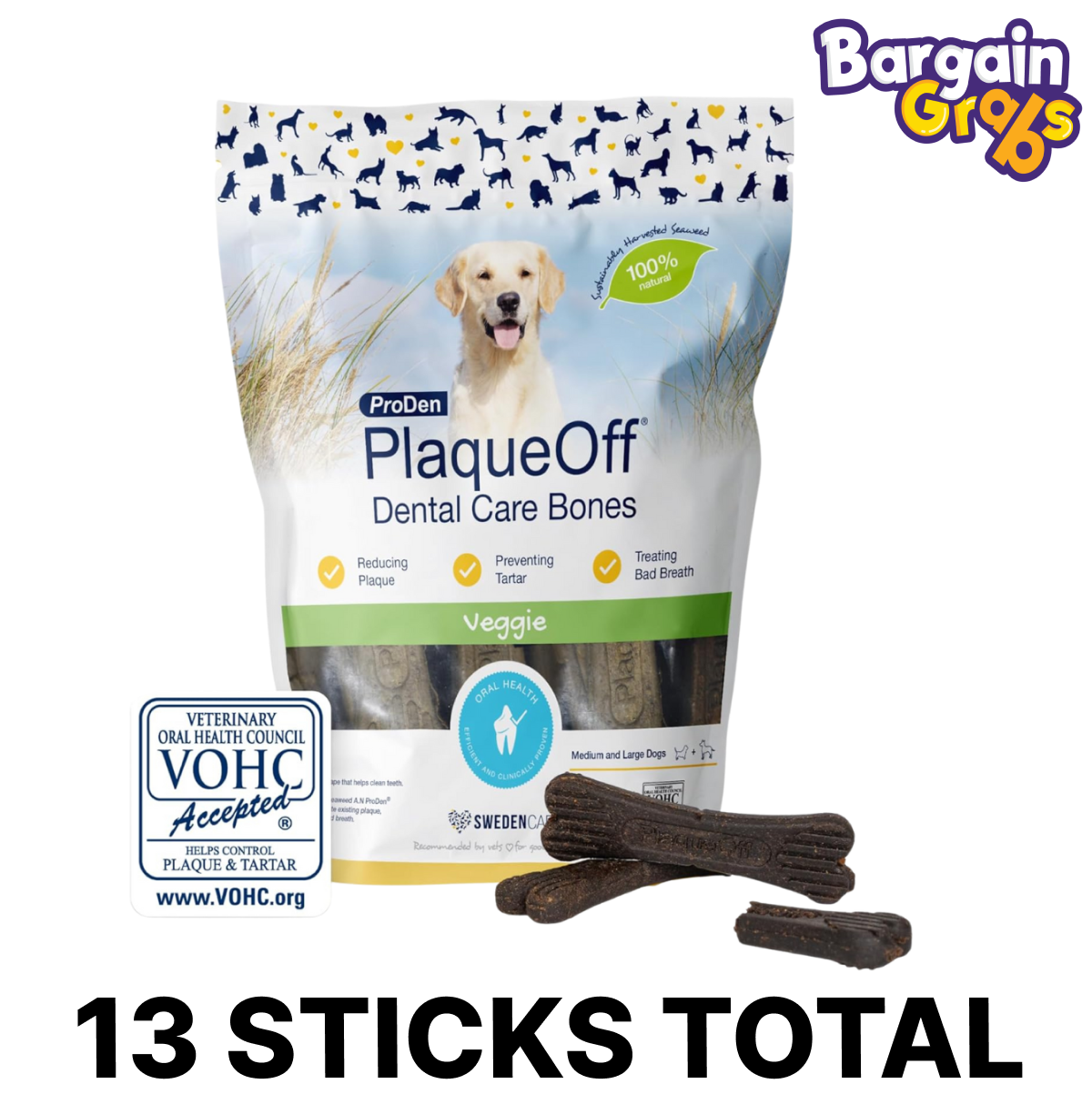 ProDen PlaqueOff Dental Bones – 13 veggie flavoured chews for medium and large dogs to help reduce plaque and tartar