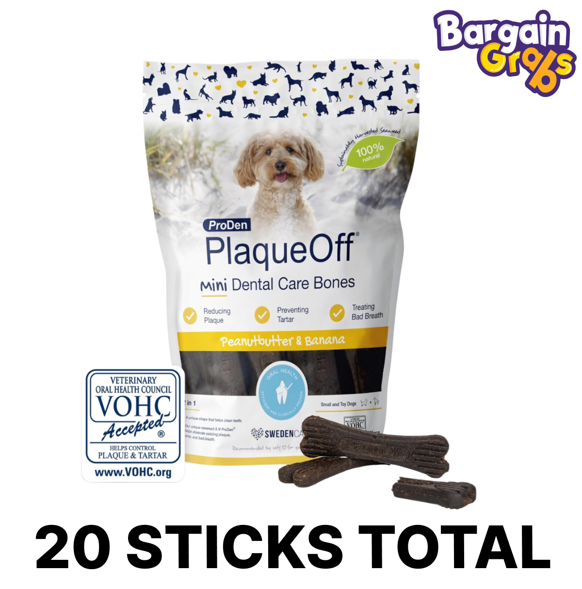 ProDen PlaqueOff Mini Dental Bones – 20 peanut butter and banana flavoured chews for small and toy dogs to support dental health
