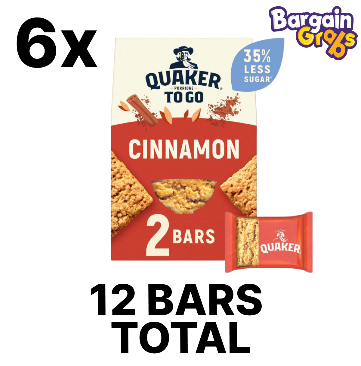 Pack of 6 Quaker Cinnamon Porridge Bars with 2 x 55g bars per pack – total of 12 spiced oat bars for a wholesome snack